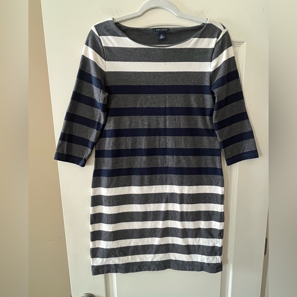 Tommy Hilfiger Striped Navy, Charcoal & White Boatneck Dress Women’s Size M